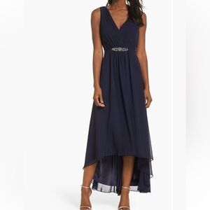 Eliza J Embellished Chiffon High Low Dress Gown Navy Blue Women Size 18